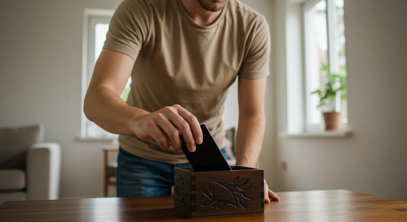 A person placing their smartphone into a small wooden box, symbolizing a digital detox.
