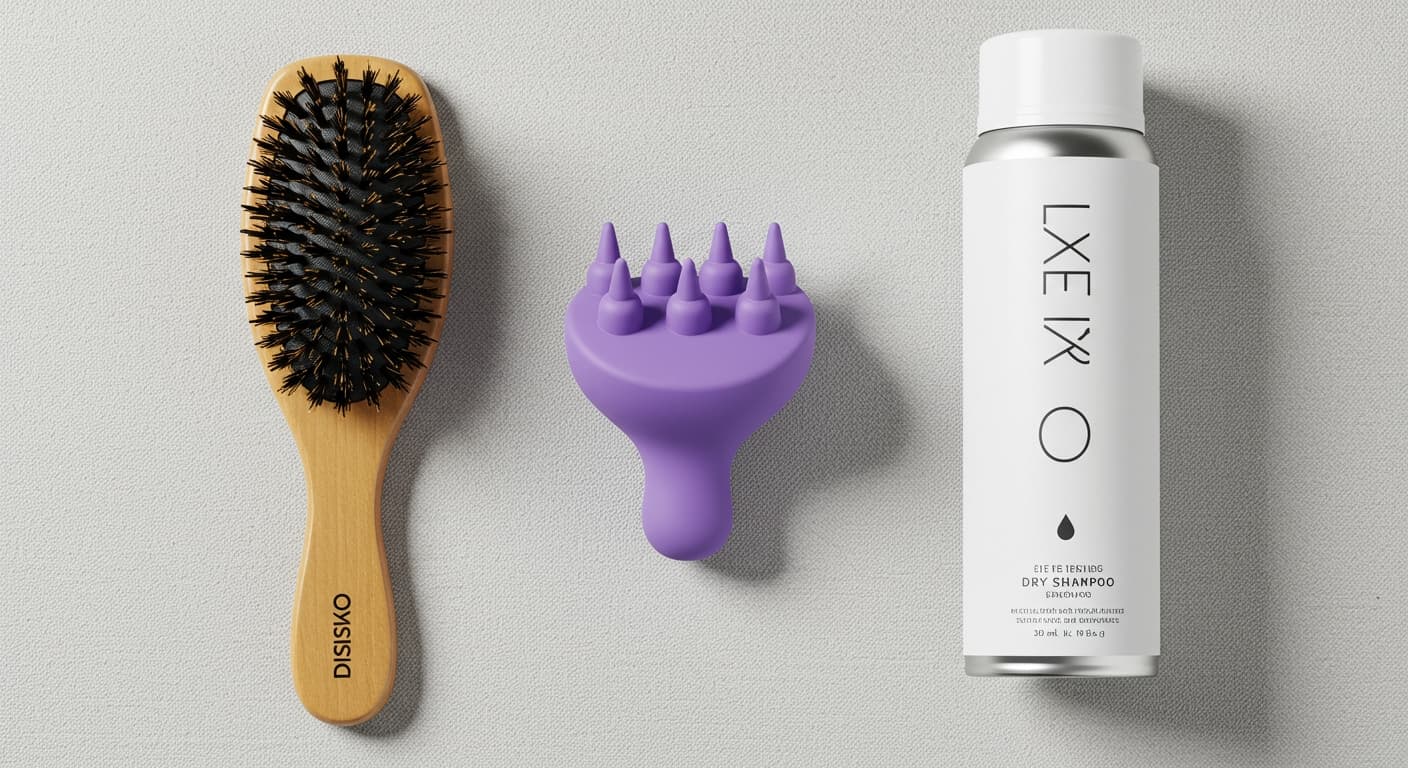 A flat lay of hair training tools including a boar bristle brush, a silicone scalp massager, and a can of dry shampoo.