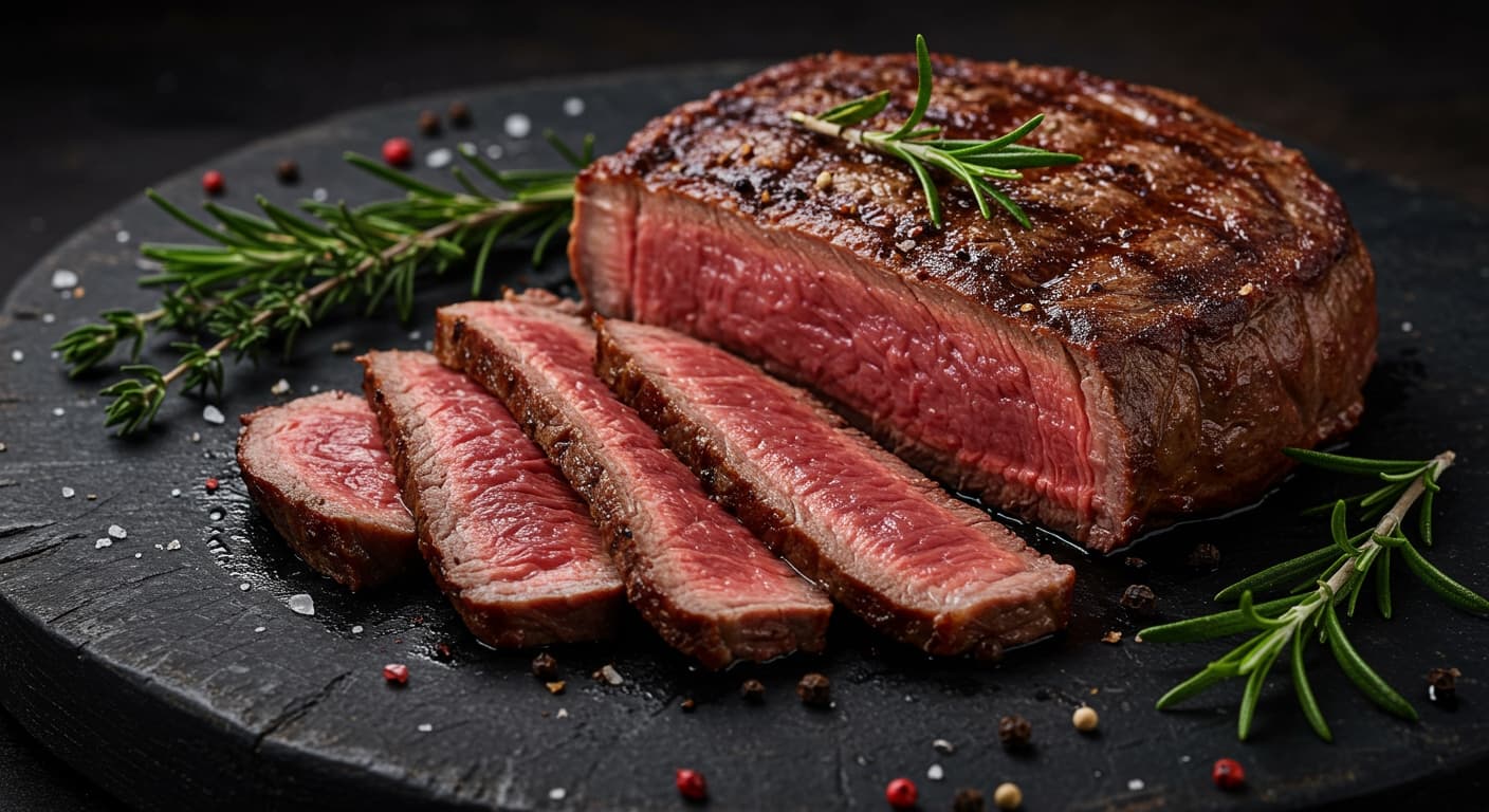 A perfectly cooked steak sliced on a wooden board next to herbs.