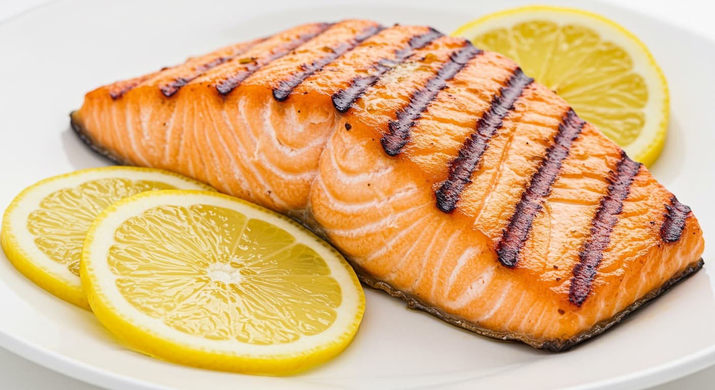 A close-up of grilled salmon with lemon slices on a white plate.