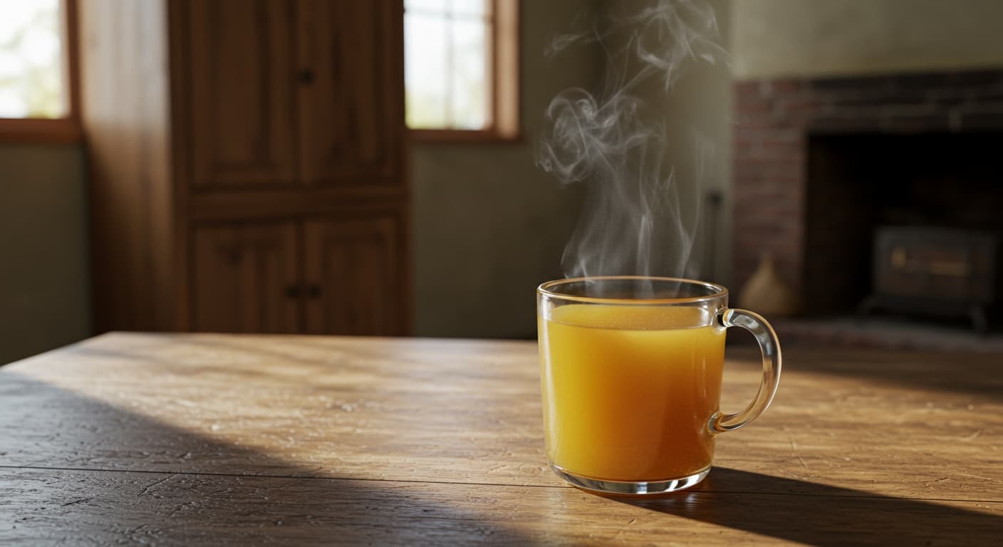 A steaming mug of bone broth in a rustic kitchen setting.