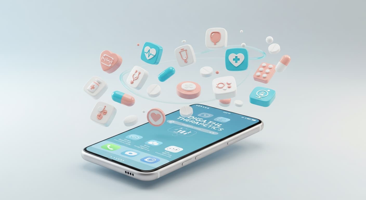 A smartphone displaying a health app interface with medical and data icons floating around it, symbolizing digital therapeutics.
