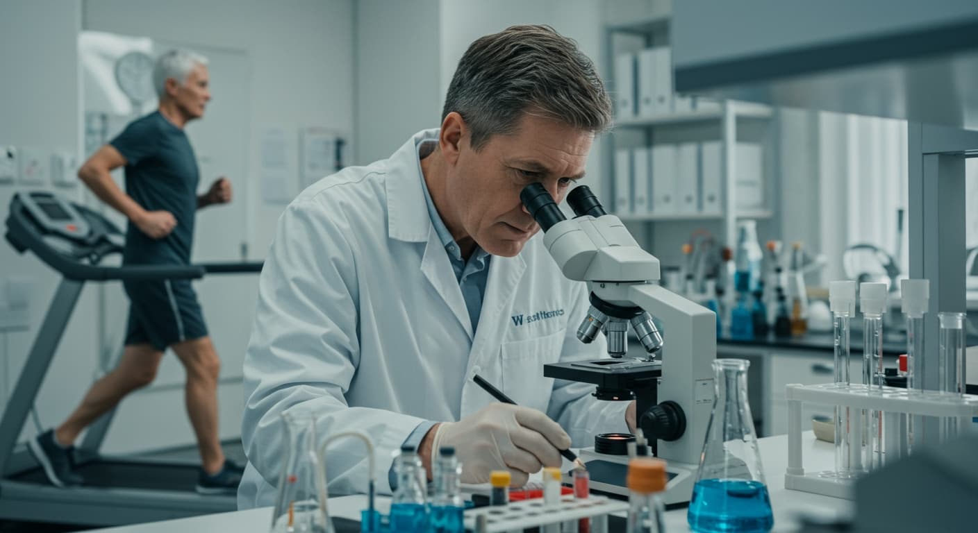 Laboratory glassware and a researcher with data charts representing healthspan research