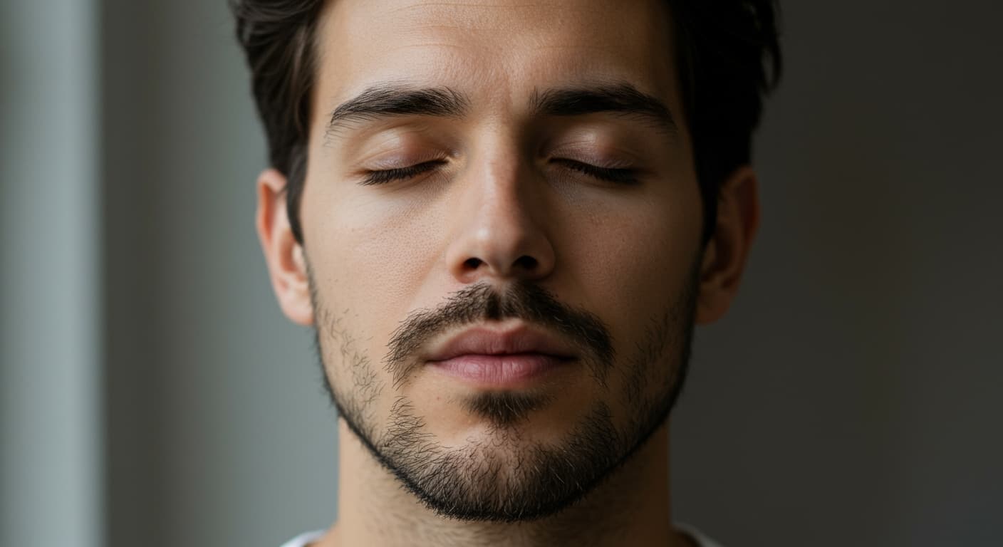 A close-up of a person breathing peacefully, illustrating the concept of calm nasal breathing.
