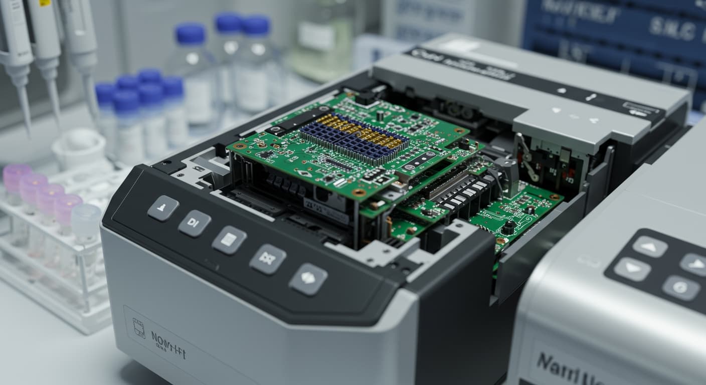 A close-up of laboratory equipment used for genetic sequencing in a nutrigenomics trial.