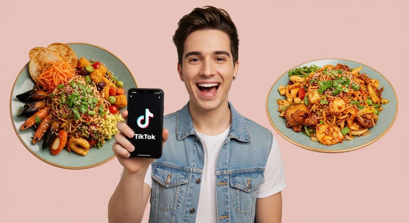A person holding a smartphone displaying the TikTok app, with a plate of colorful food in the background.
