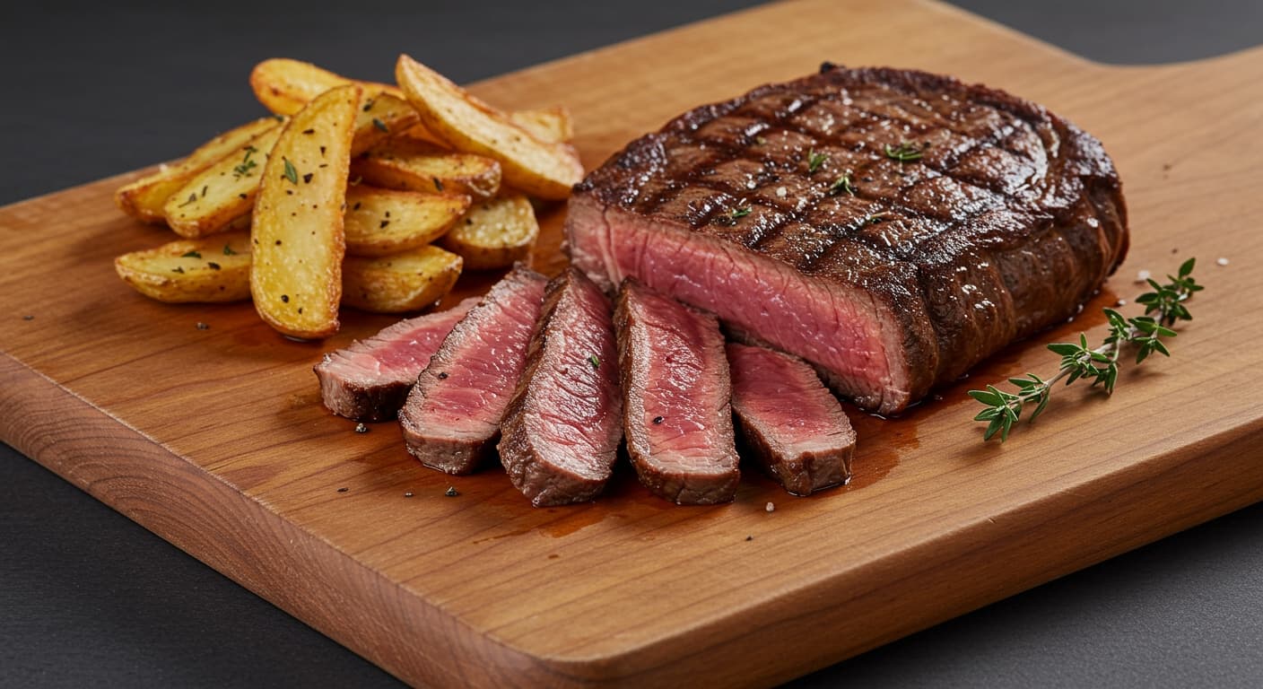 A perfectly cooked steak sliced on a wooden board, representing a carnivore-adjacent meal.
