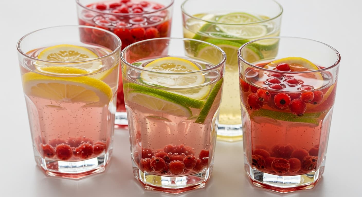 Several glasses of infused water with fruits like lemon, lime, and berries, illustrating functional hydration.