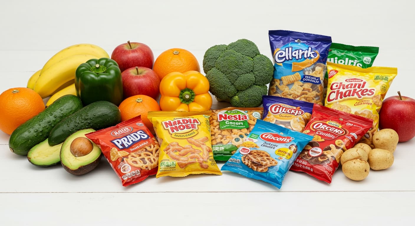 Juxtaposition of whole produce with colorful packaged snacks highlighting processing differences