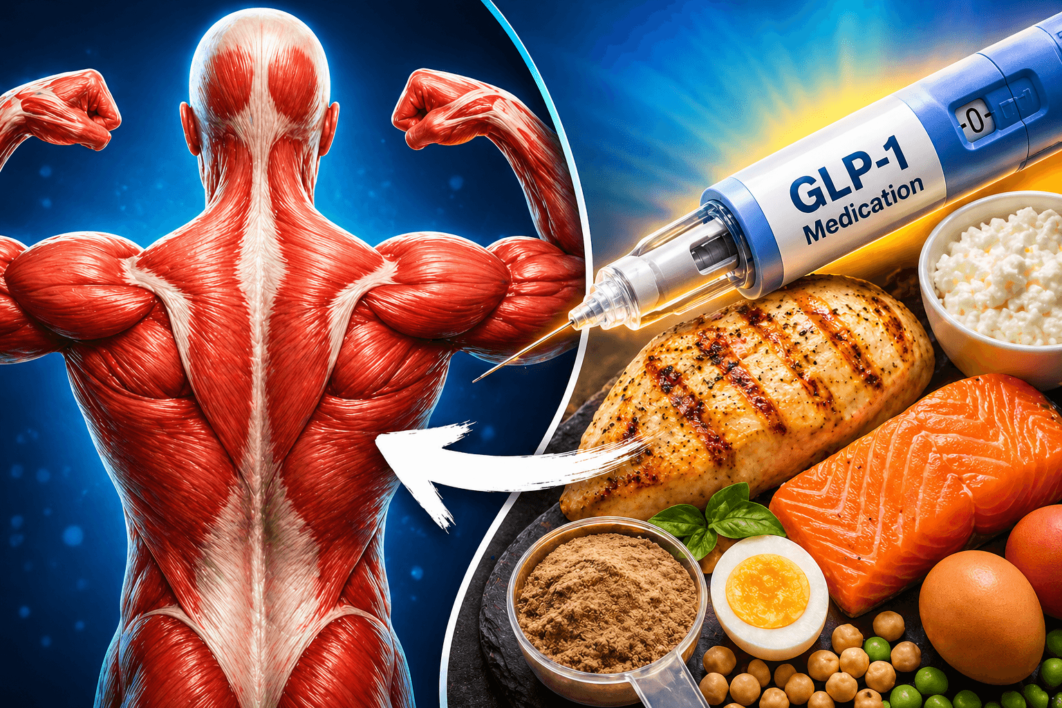 Muscle anatomy illustration next to GLP-1 medication pen and high protein foods including chicken salmon and eggs