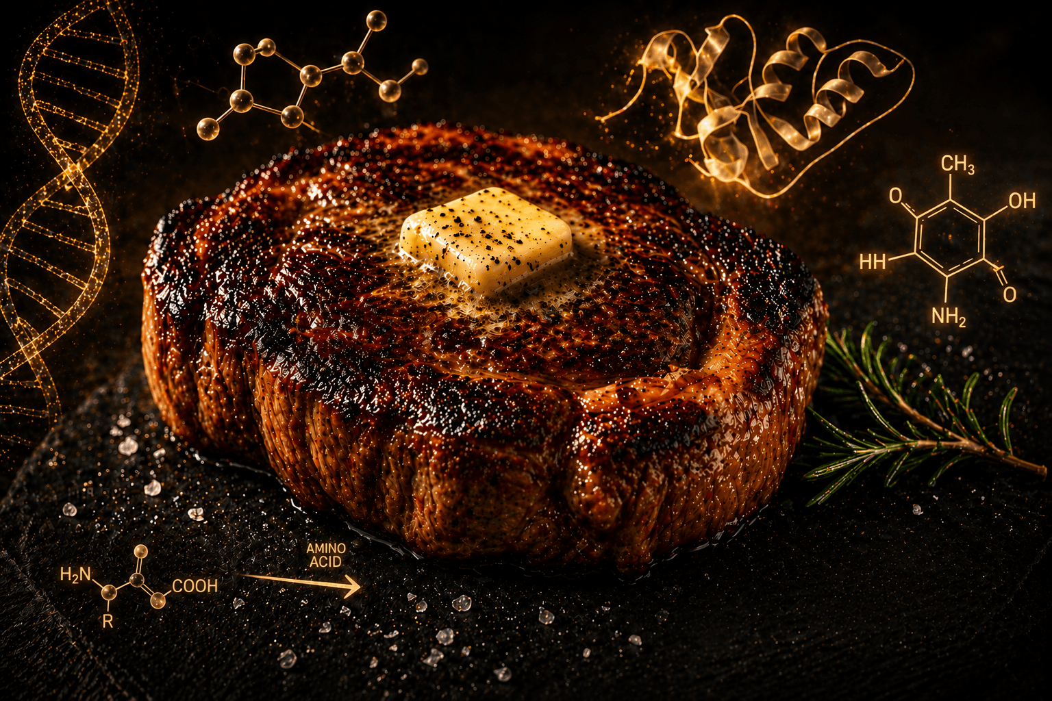 A steak with protein and amino acids around it