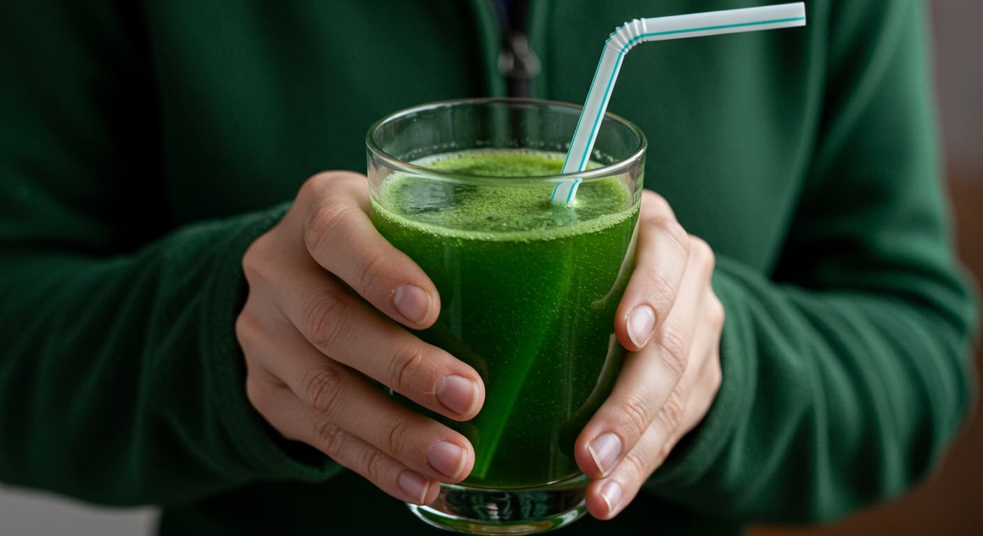 A clear glass filled with green chlorophyll water, garnished with a slice of lemon and fresh mint leaves on a white background.
