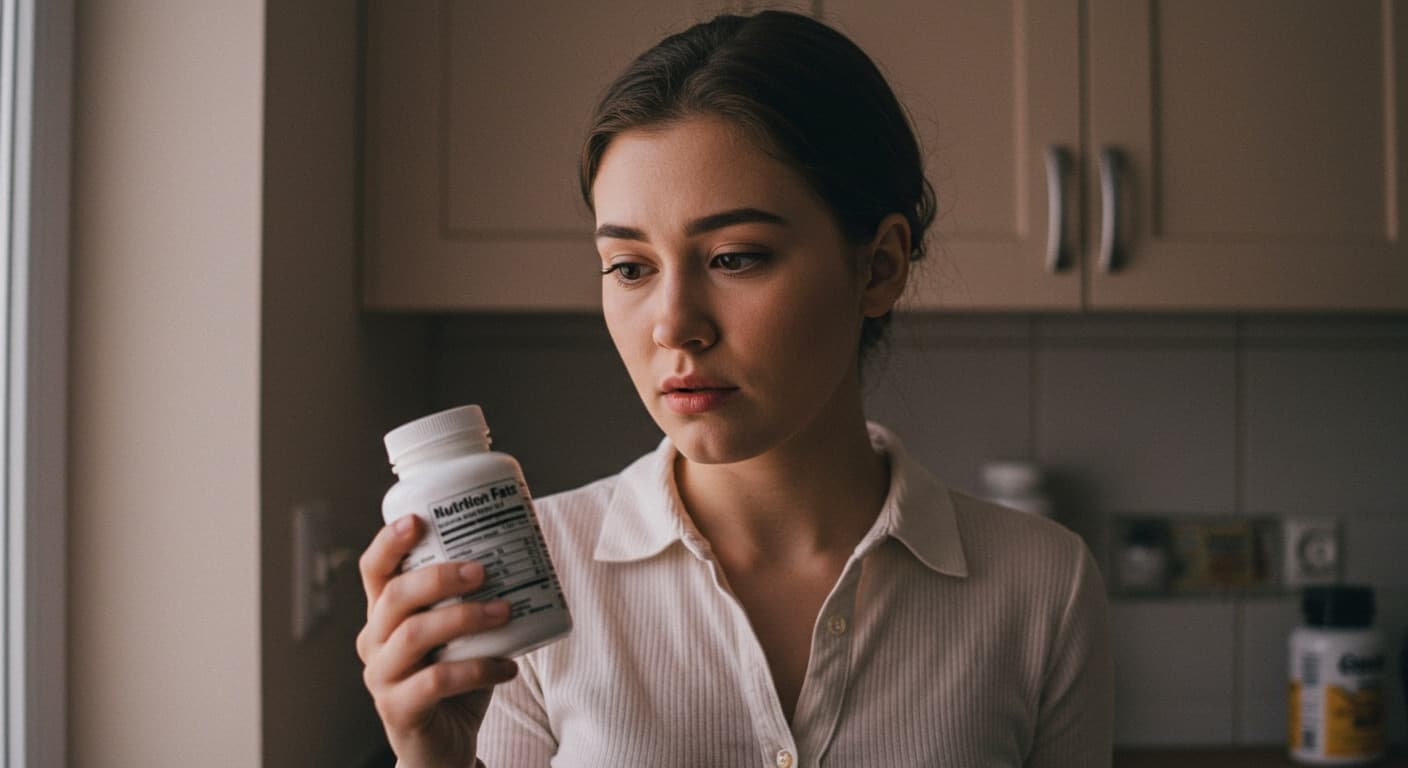 A person looking at a nutrition label on a bottle of supplements with a confused expression.
