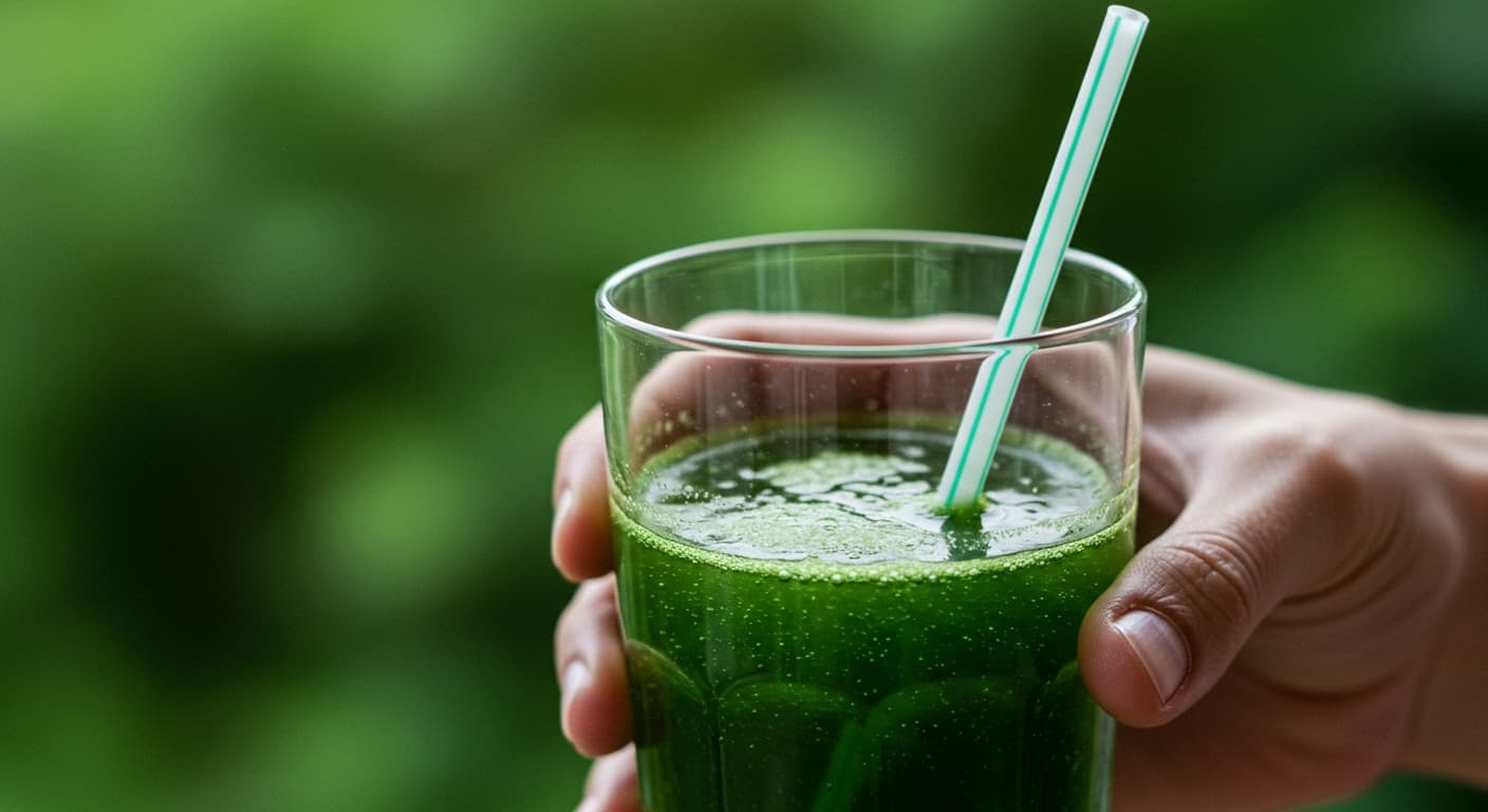 A person holding a glass of green chlorophyll water with a straw.