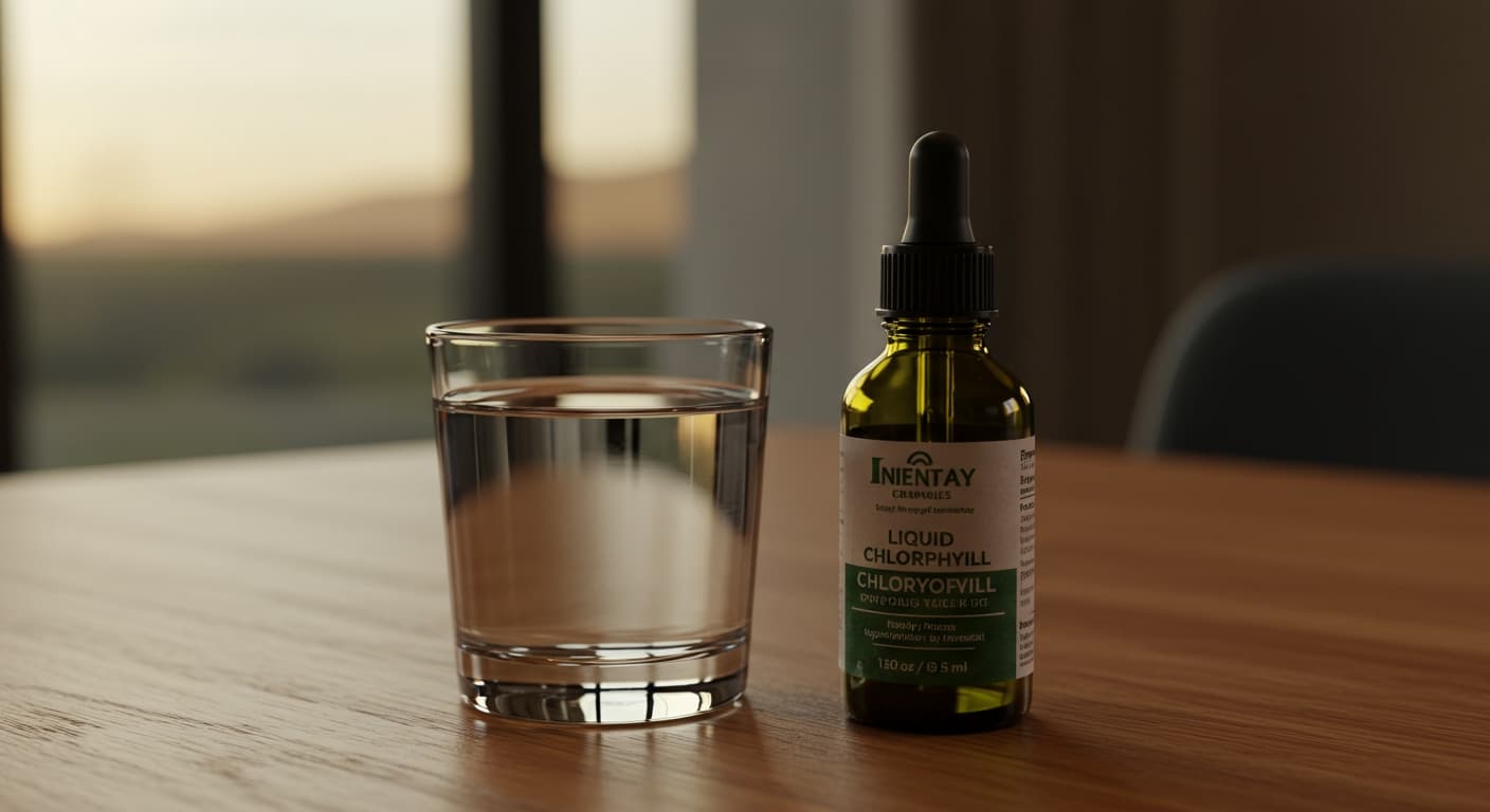 A dropper bottle of liquid chlorophyll next to a glass of water on a wooden table.
