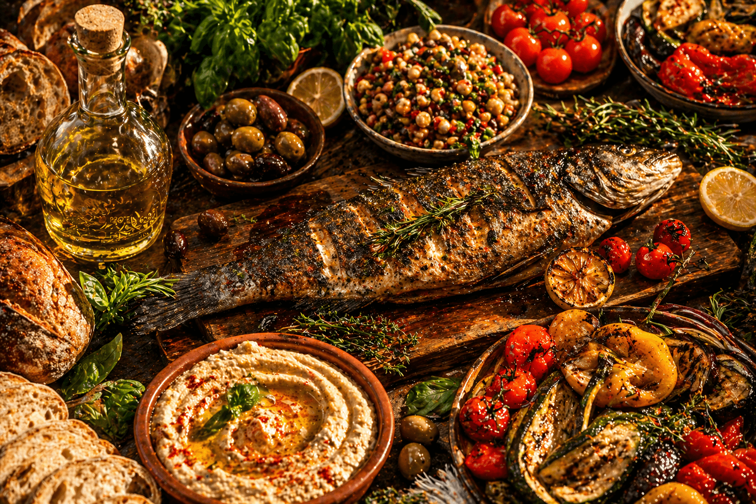 fish on a table with food