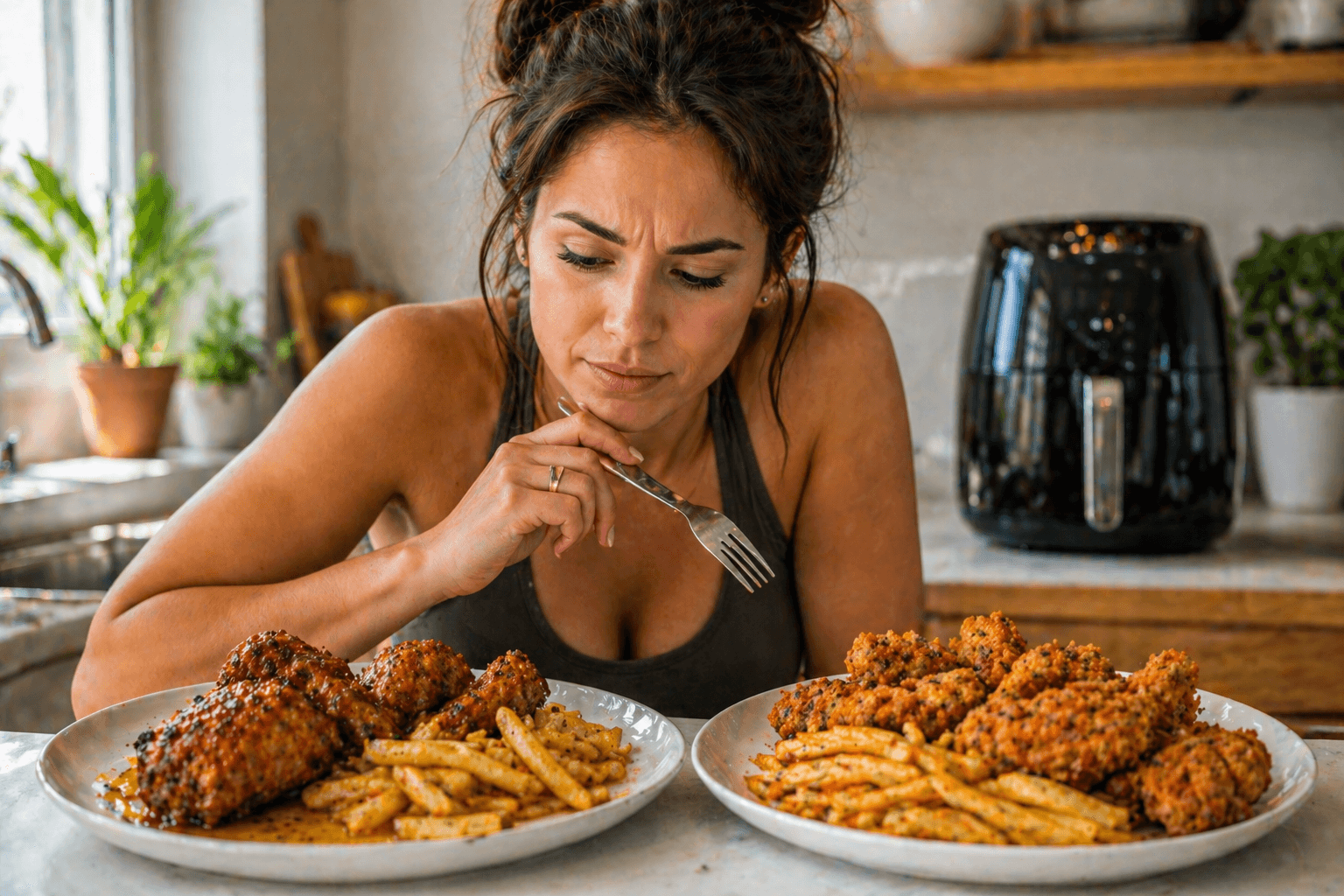 Woman deciding which plate is healthier